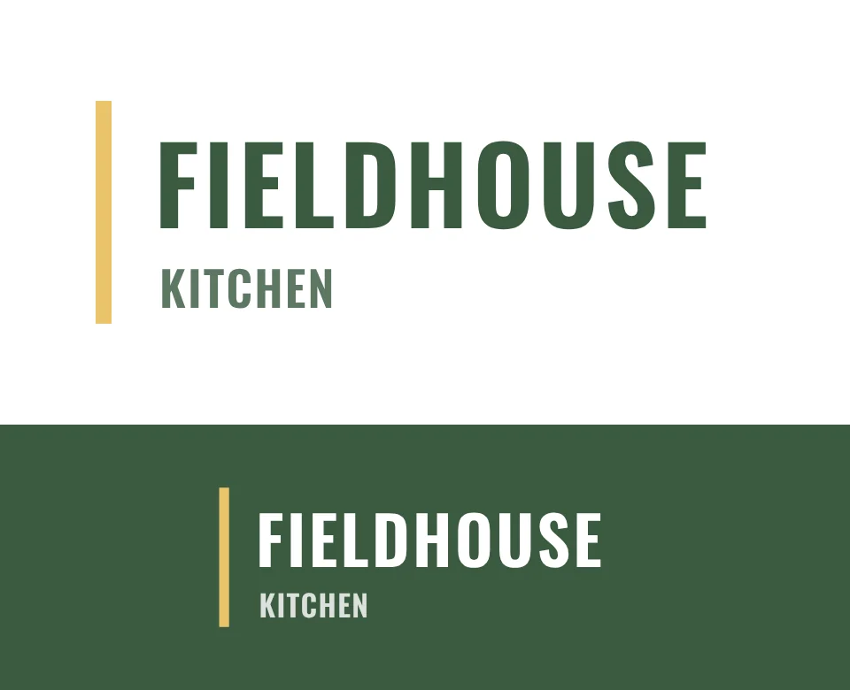 Café and brunch logo concept for Fieldhouse Kitchen: a two-line wordmark, shown on white and on its own colour