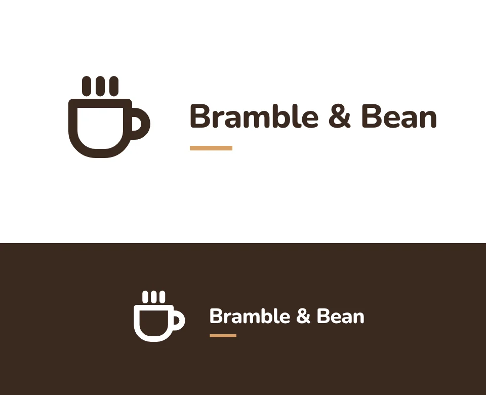 Coffee house logo concept for Bramble & Bean: a symbol and name with a coffee cup, shown on white and on its own colour