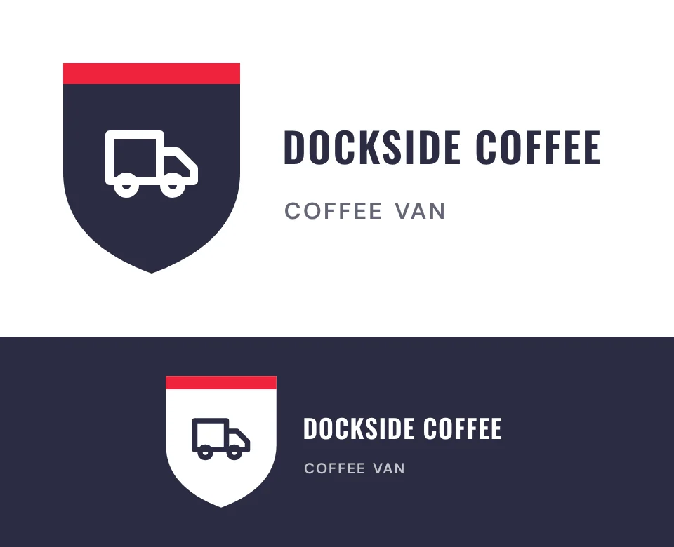 Coffee van logo concept for Dockside Coffee: a shield emblem with a van, shown on white and on its own colour