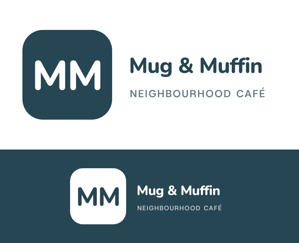 Neighbourhood café logo concept for Mug & Muffin: a monogram, shown on white and on its own colour