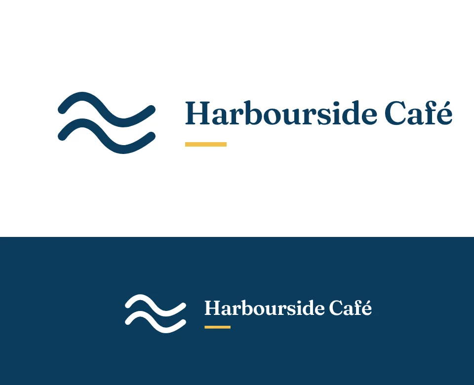 Seaside café logo concept for Harbourside Café: a symbol and name with a wave, shown on white and on its own colour