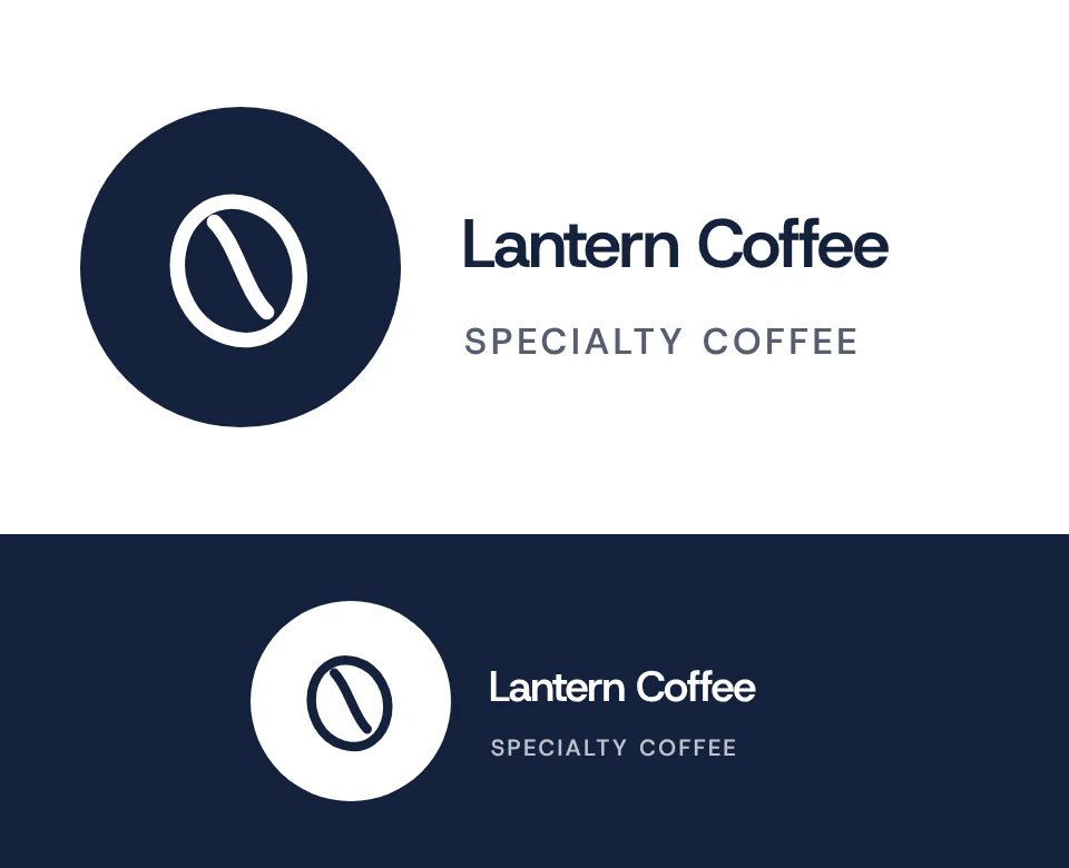 Specialty coffee logo concept for Lantern Coffee: a symbol in a circle beside the name with a coffee bean, shown on white and on its own colour