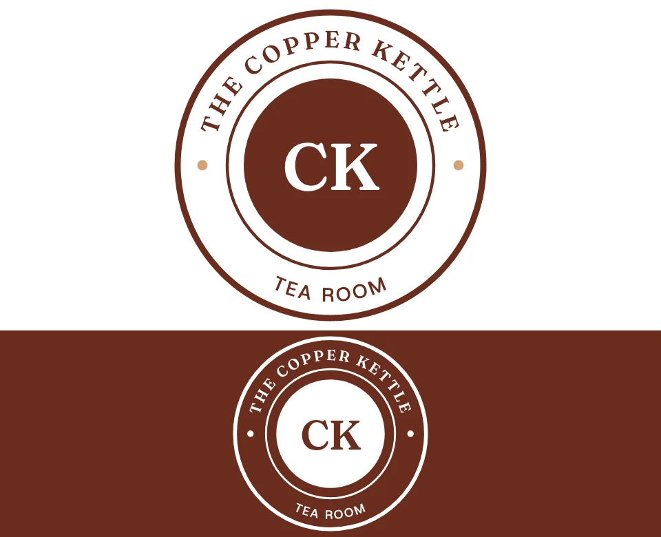 Tea room logo concept for The Copper Kettle: a round badge, shown on white and on its own colour