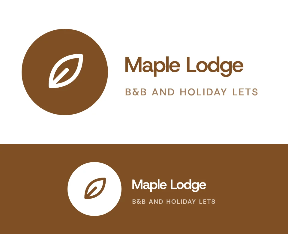 B&B and holiday lets logo concept for Maple Lodge: a symbol in a circle beside the name with a leaf, shown on white and on its own colour