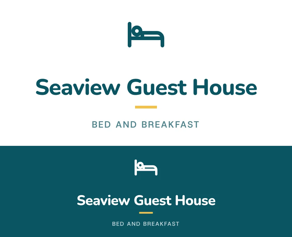 Bed and breakfast logo concept for Seaview Guest House: a stacked symbol and name with a bed, shown on white and on its own colour