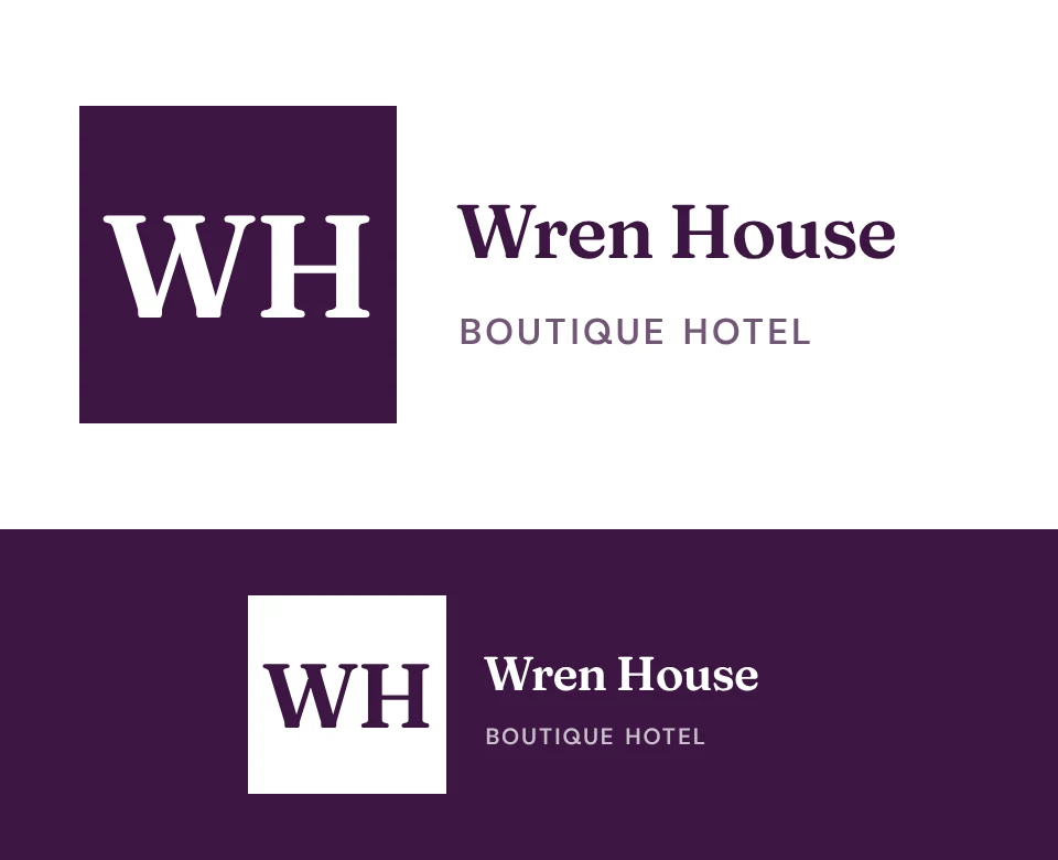 Boutique hotel logo concept for Wren House: a monogram, shown on white and on its own colour
