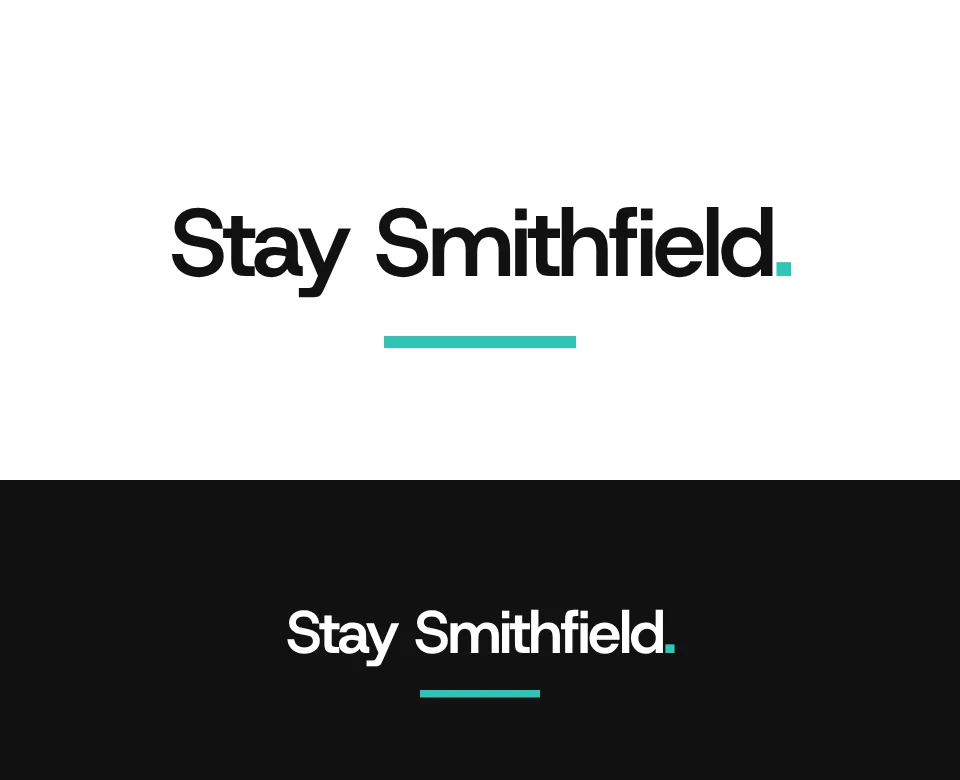 City aparthotel logo concept for Stay Smithfield: a wordmark, shown on white and on its own colour