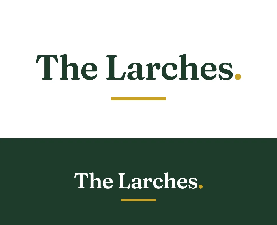 Country house hotel logo concept for The Larches: a wordmark, shown on white and on its own colour