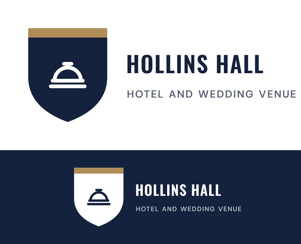Hotel and wedding venue logo concept for Hollins Hall: a shield emblem with a reception bell, shown on white and on its own colour