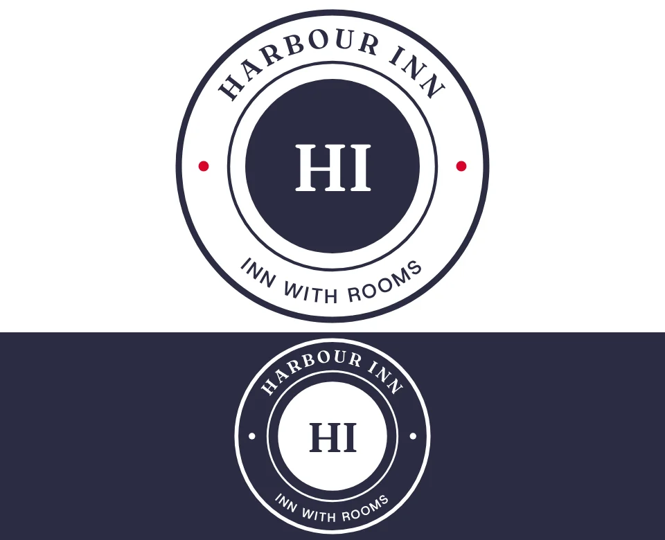 Inn with rooms logo concept for Harbour Inn: a round badge, shown on white and on its own colour