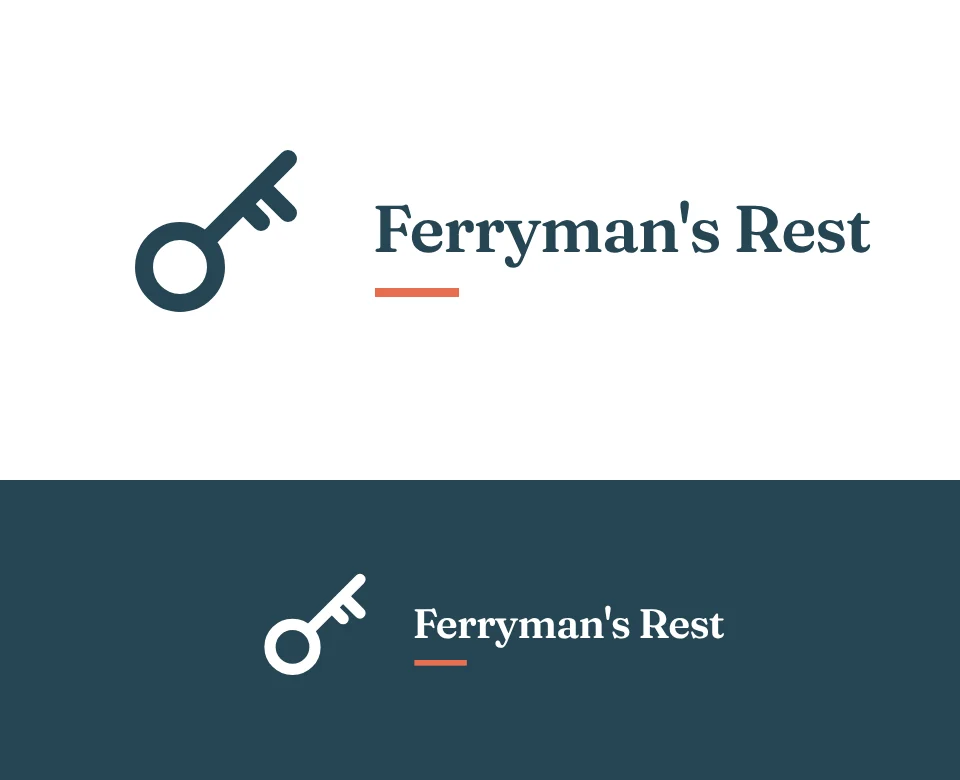 Riverside B&B logo concept for Ferryman's Rest: a symbol and name with a key, shown on white and on its own colour