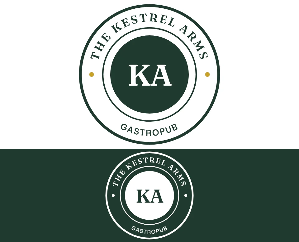 Gastropub logo concept for The Kestrel Arms: a round badge, shown on white and on its own colour