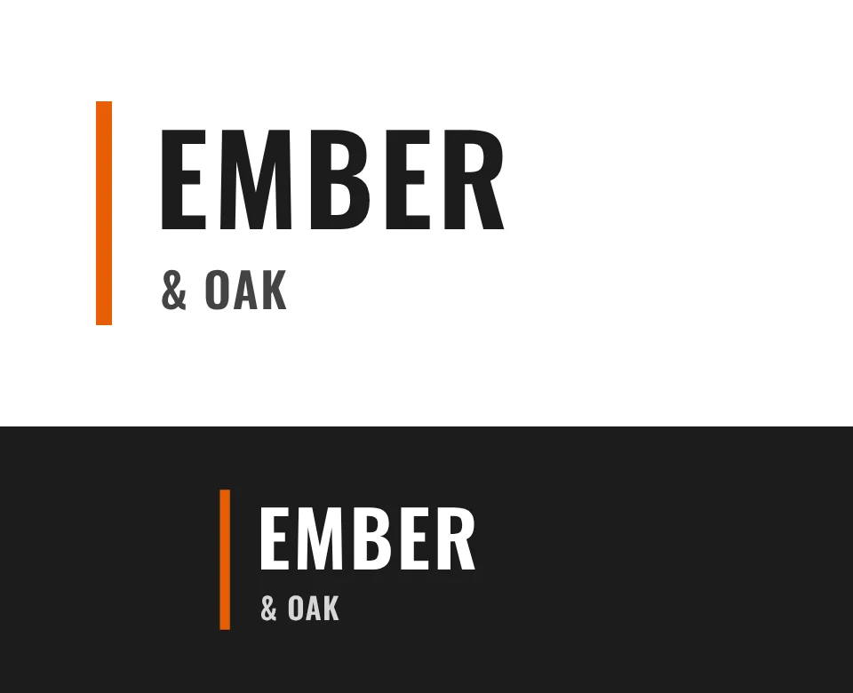 Grill and steakhouse logo concept for Ember & Oak: a two-line wordmark, shown on white and on its own colour
