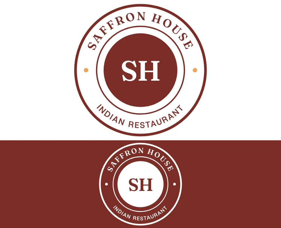Indian restaurant logo concept for Saffron House: a round badge, shown on white and on its own colour