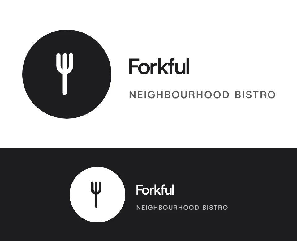 Neighbourhood bistro logo concept for Forkful: a symbol in a circle beside the name with a fork, shown on white and on its own colour