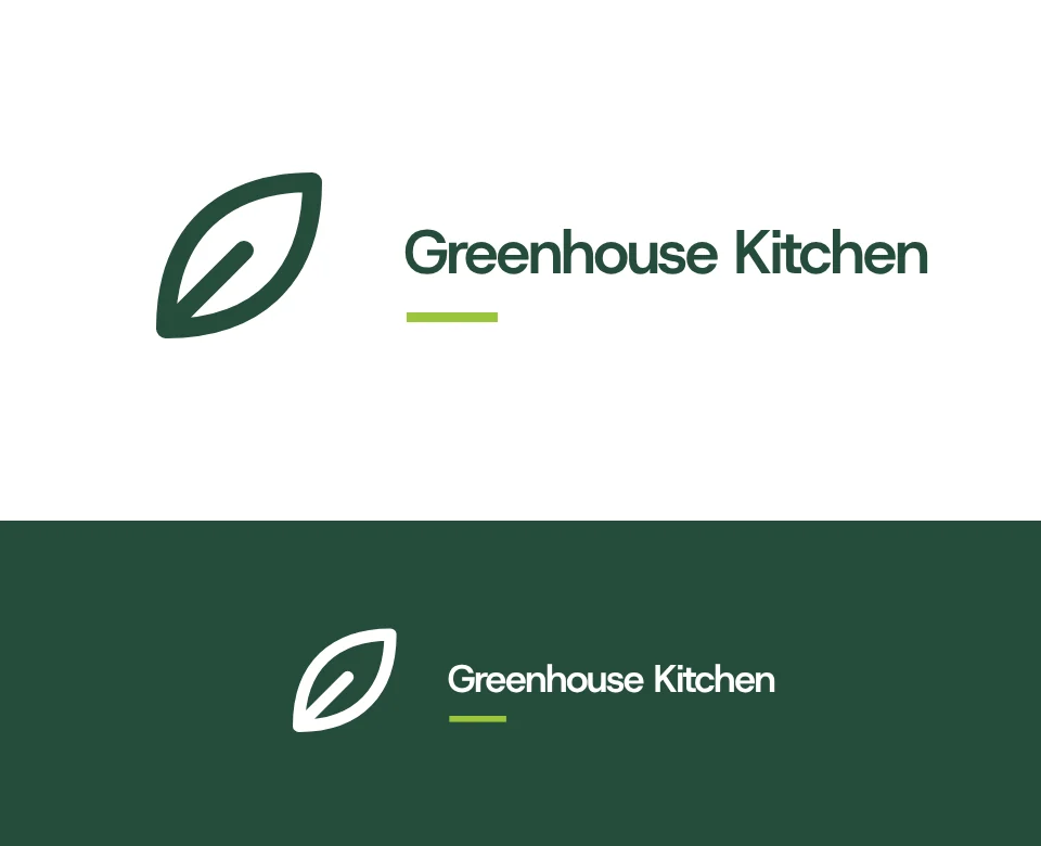 Plant-based restaurant logo concept for Greenhouse Kitchen: a symbol and name with a leaf, shown on white and on its own colour