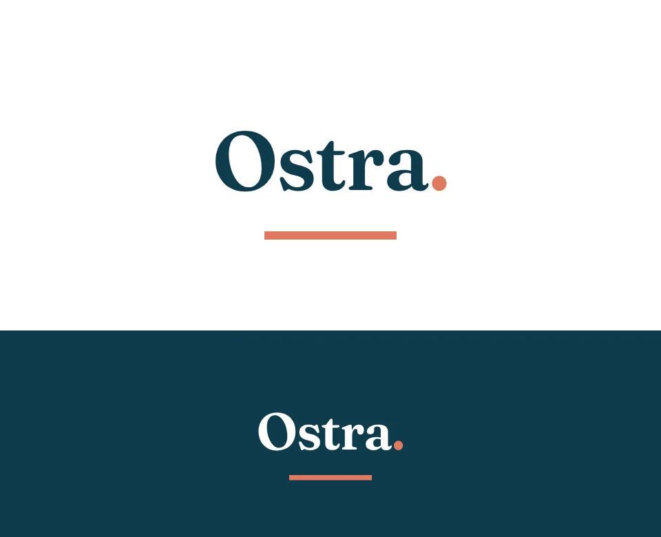 Seafood restaurant logo concept for Ostra: a wordmark, shown on white and on its own colour