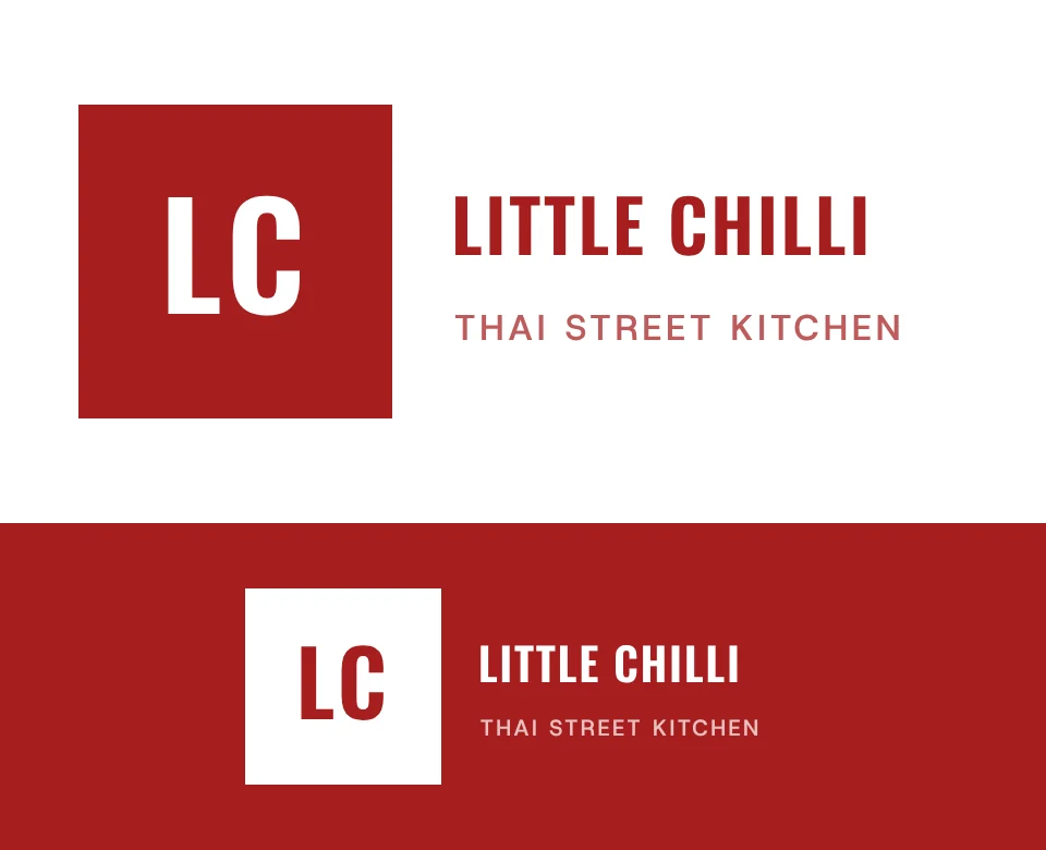 Thai street kitchen logo concept for Little Chilli: a monogram, shown on white and on its own colour