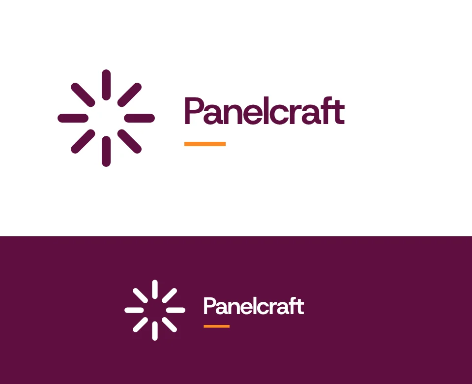 Body repairs and paintwork logo concept for Panelcraft: a symbol and name with a spark, shown on white and on its own colour