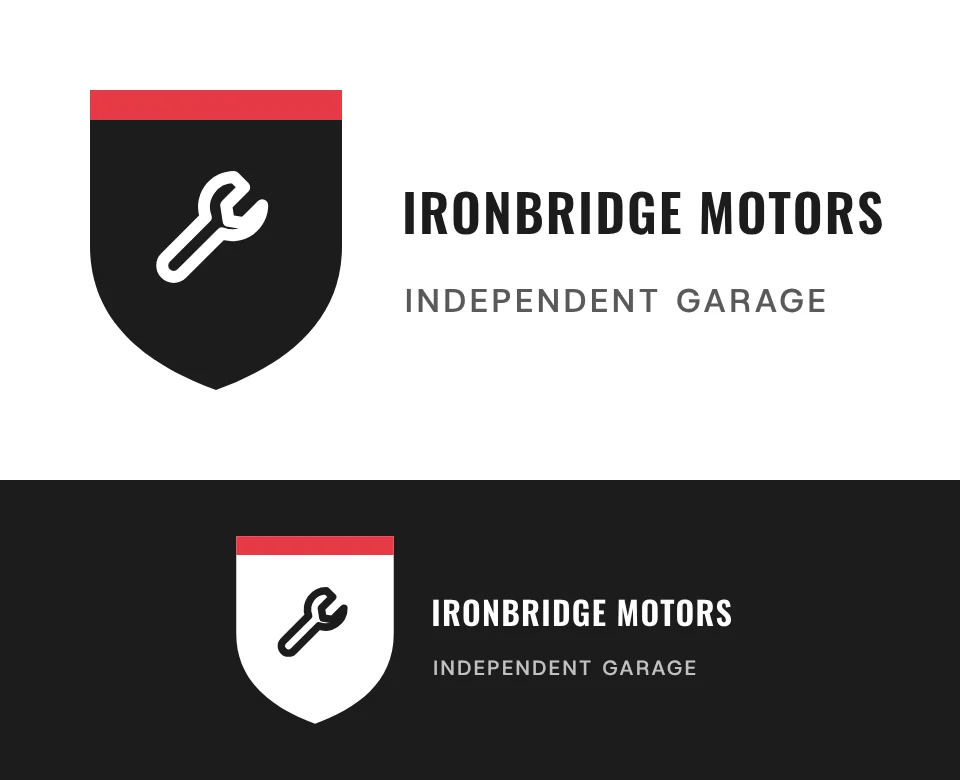 Independent garage logo concept for Ironbridge Motors: a shield emblem with a spanner, shown on white and on its own colour