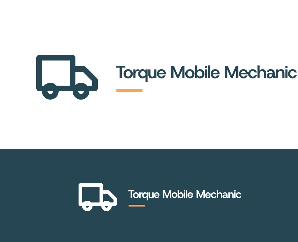 Mobile mechanic logo concept for Torque Mobile Mechanic: a symbol and name with a van, shown on white and on its own colour