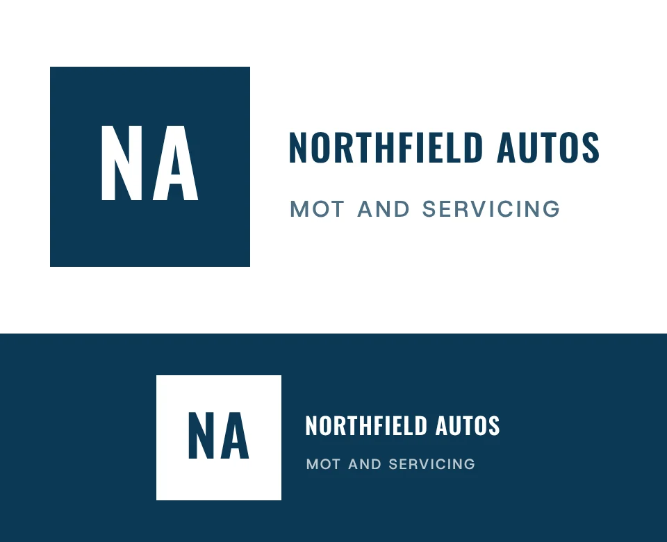 MOT and servicing logo concept for Northfield Autos: a monogram, shown on white and on its own colour