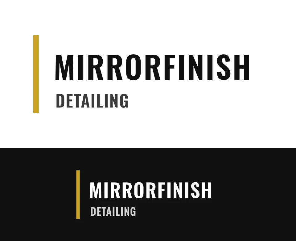 Paint correction and detailing logo concept for Mirrorfinish Detailing: a two-line wordmark, shown on white and on its own colour