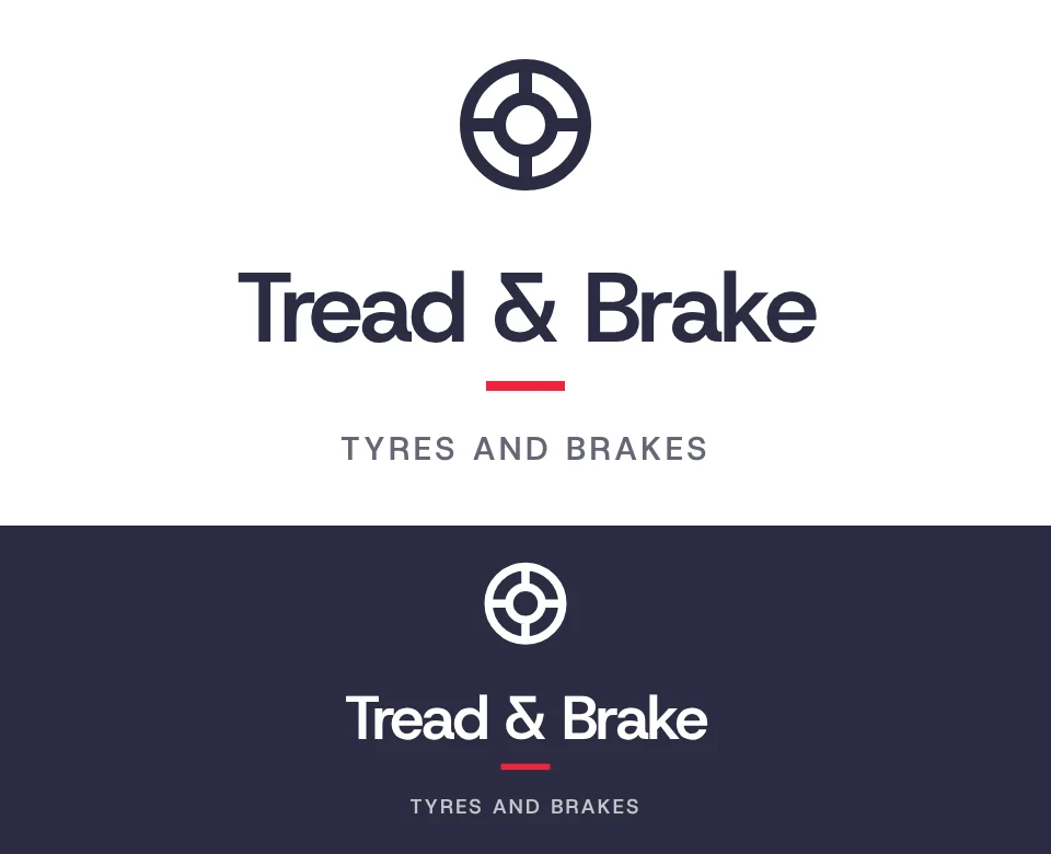 Tyres and brakes logo concept for Tread & Brake: a stacked symbol and name with a wheel, shown on white and on its own colour