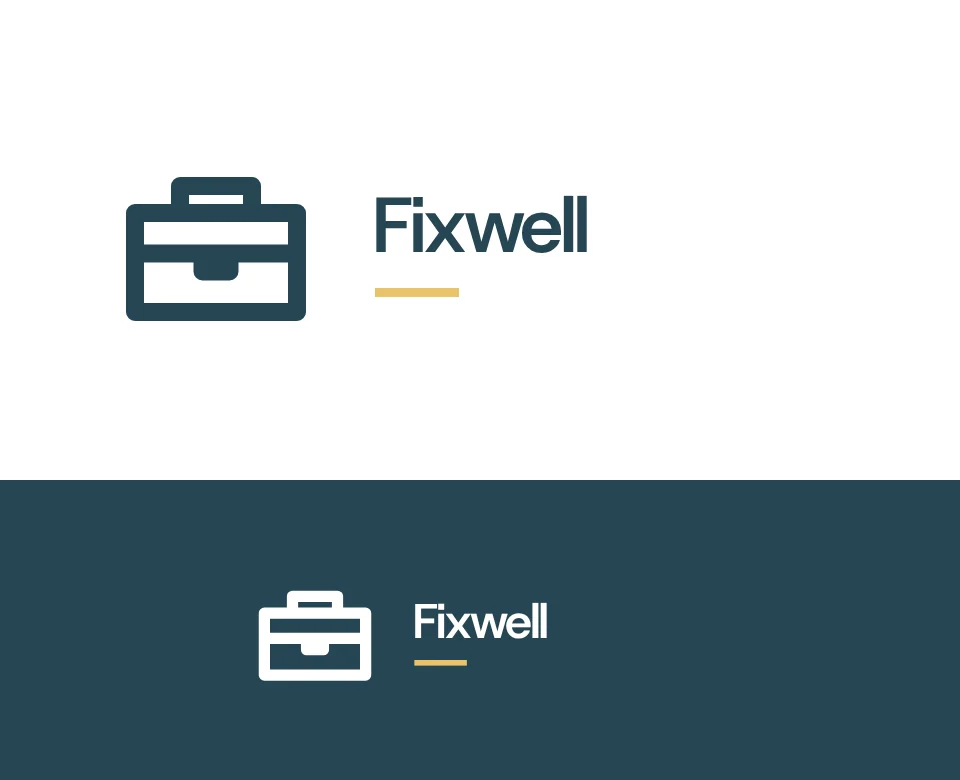 Handyman logo concept for Fixwell: a symbol and name with a toolbox, shown on white and on its own colour