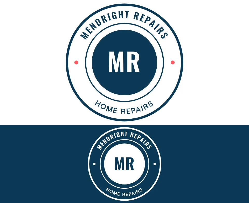 Home repairs logo concept for Mendright Repairs: a round badge, shown on white and on its own colour