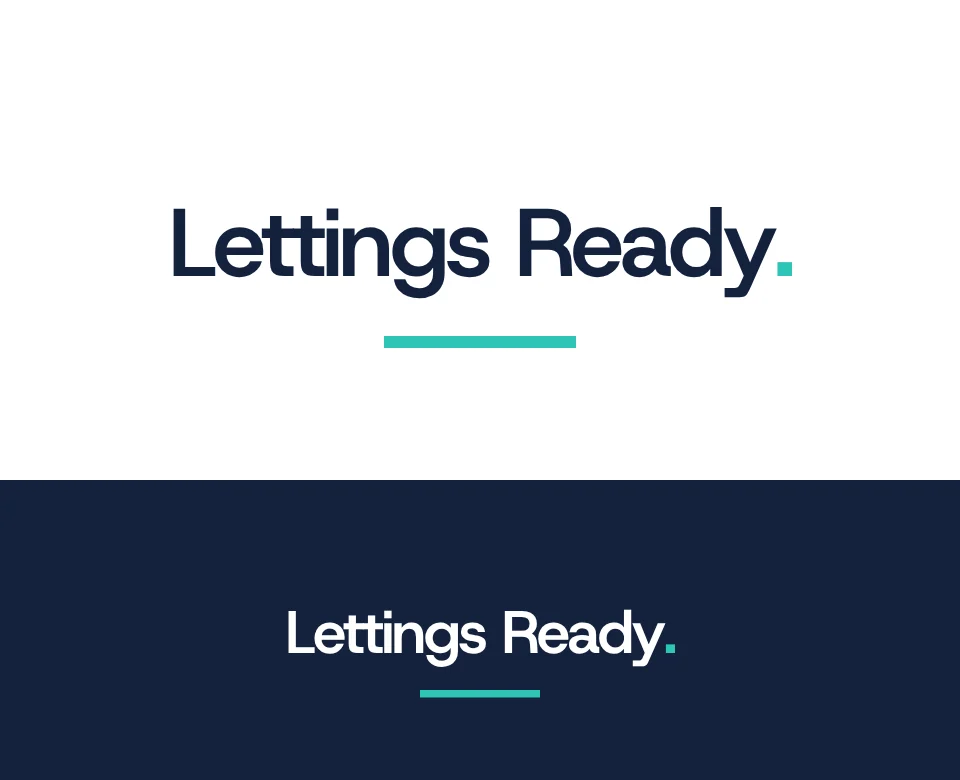 Landlord maintenance logo concept for Lettings Ready: a wordmark, shown on white and on its own colour