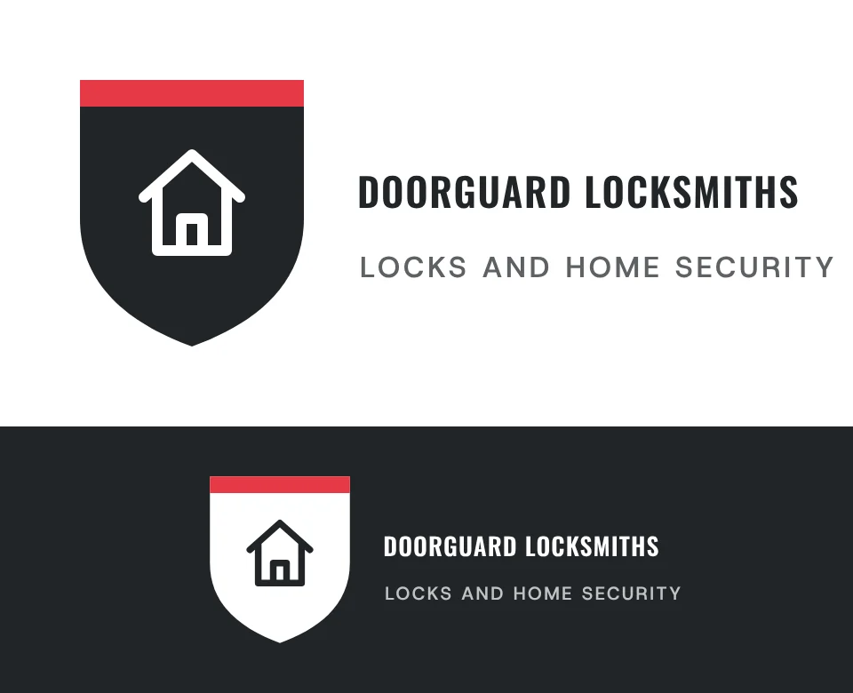 Locks and home security logo concept for Doorguard Locksmiths: a shield emblem with a house, shown on white and on its own colour