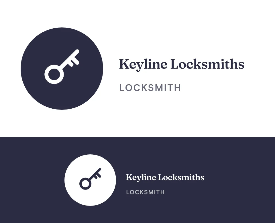 Locksmith logo concept for Keyline Locksmiths: a symbol in a circle beside the name with a key, shown on white and on its own colour