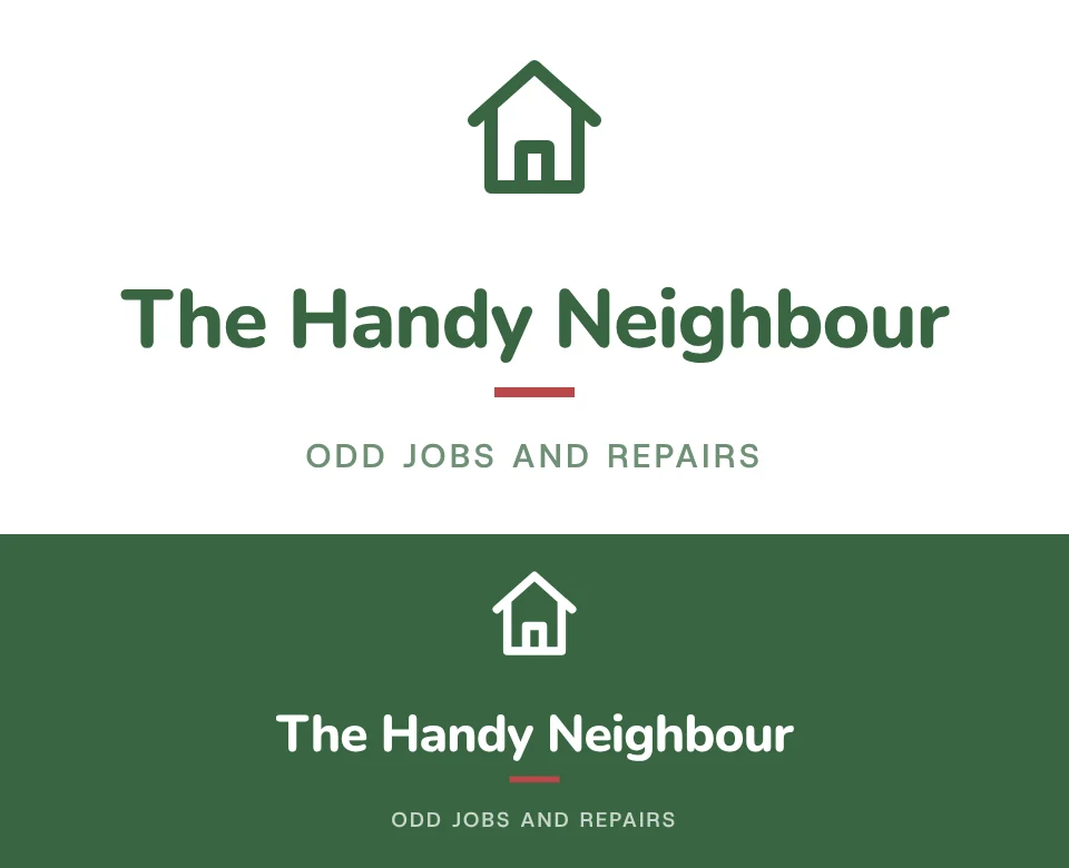 Odd jobs and repairs logo concept for The Handy Neighbour: a stacked symbol and name with a house, shown on white and on its own colour