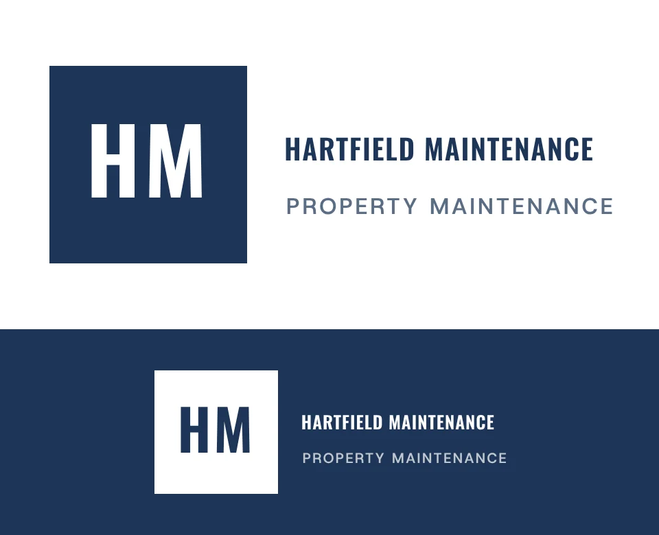 Property maintenance logo concept for Hartfield Maintenance: a monogram, shown on white and on its own colour