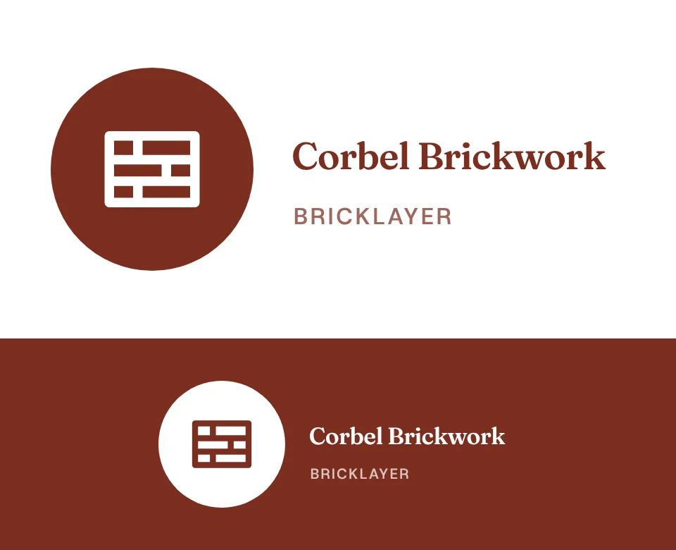 Bricklayer logo concept for Corbel Brickwork: a symbol in a circle beside the name with a brick wall, shown on white and on its own colour