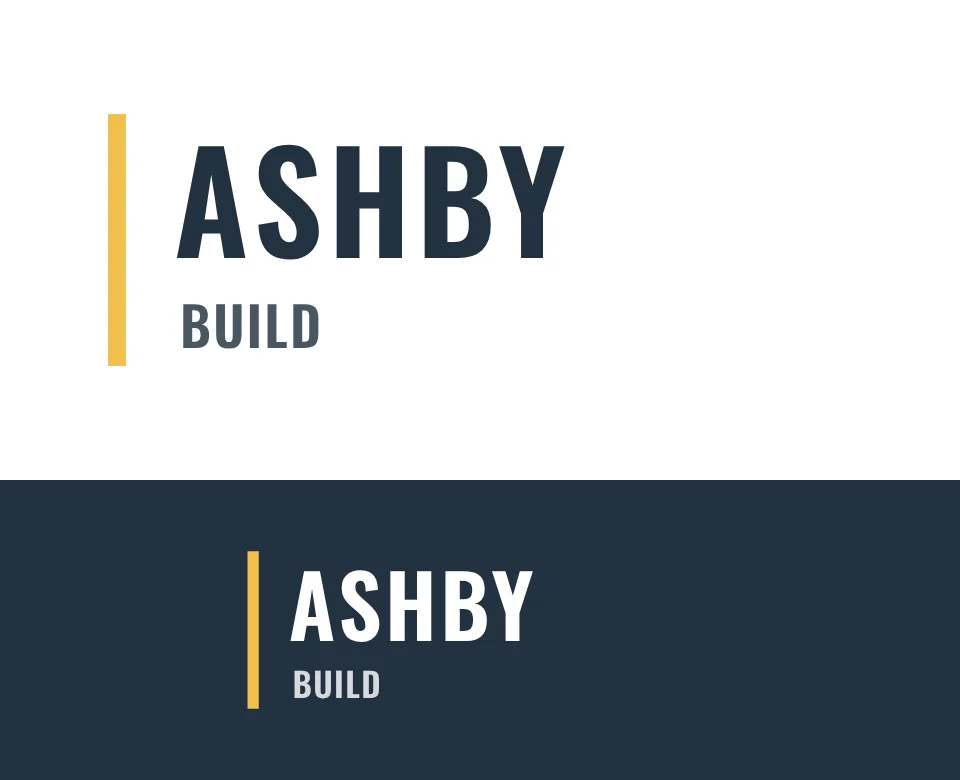 Construction company logo concept for Ashby Build: a two-line wordmark, shown on white and on its own colour
