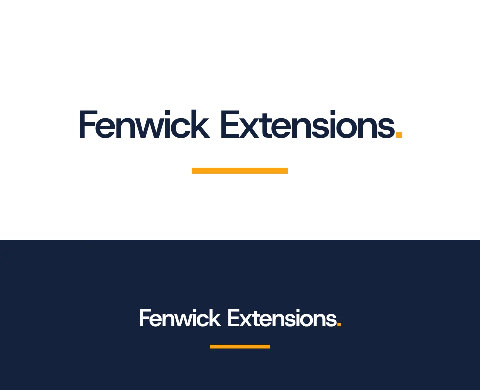 Extensions and loft conversions logo concept for Fenwick Extensions: a wordmark, shown on white and on its own colour
