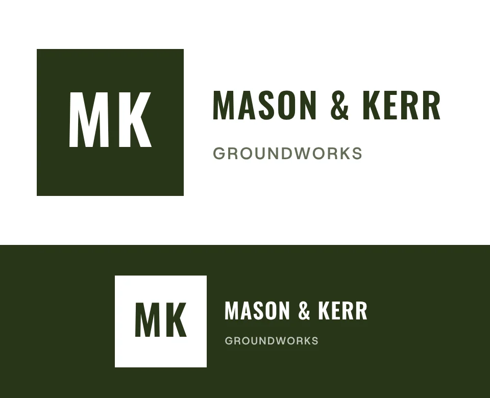 Groundworks logo concept for Mason & Kerr: a monogram, shown on white and on its own colour