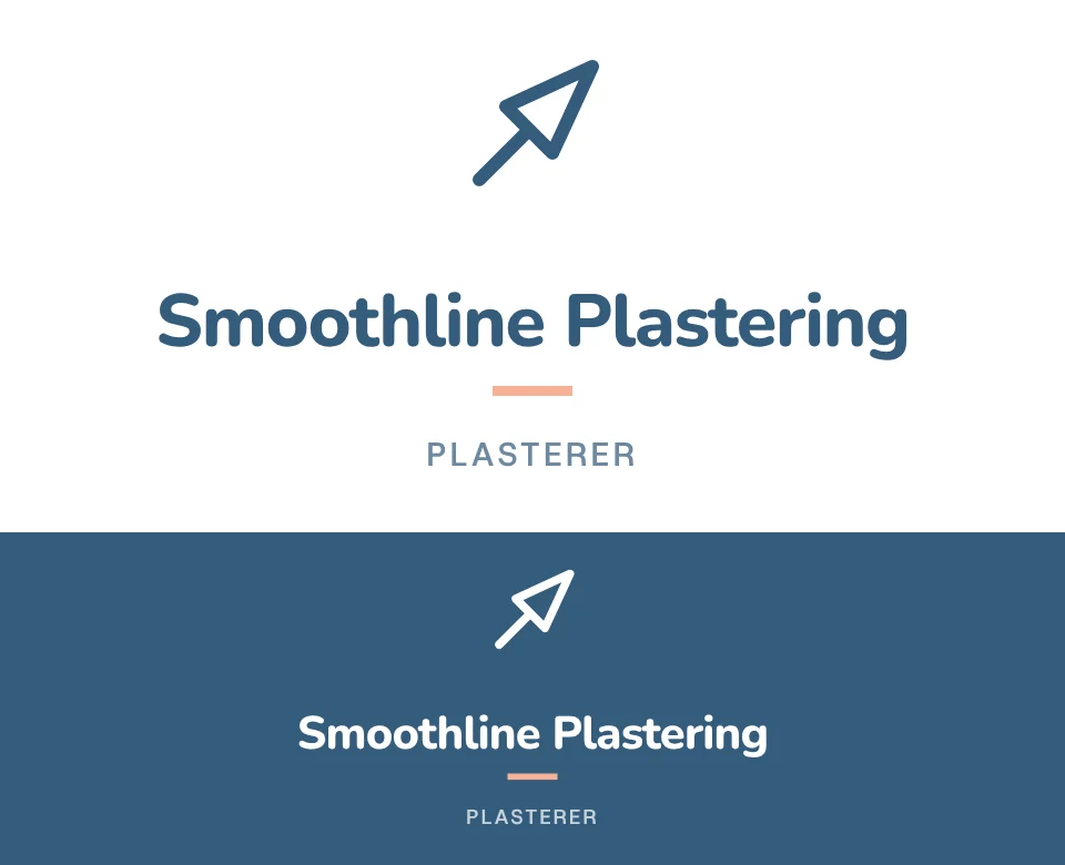 Plasterer logo concept for Smoothline Plastering: a stacked symbol and name with a trowel, shown on white and on its own colour