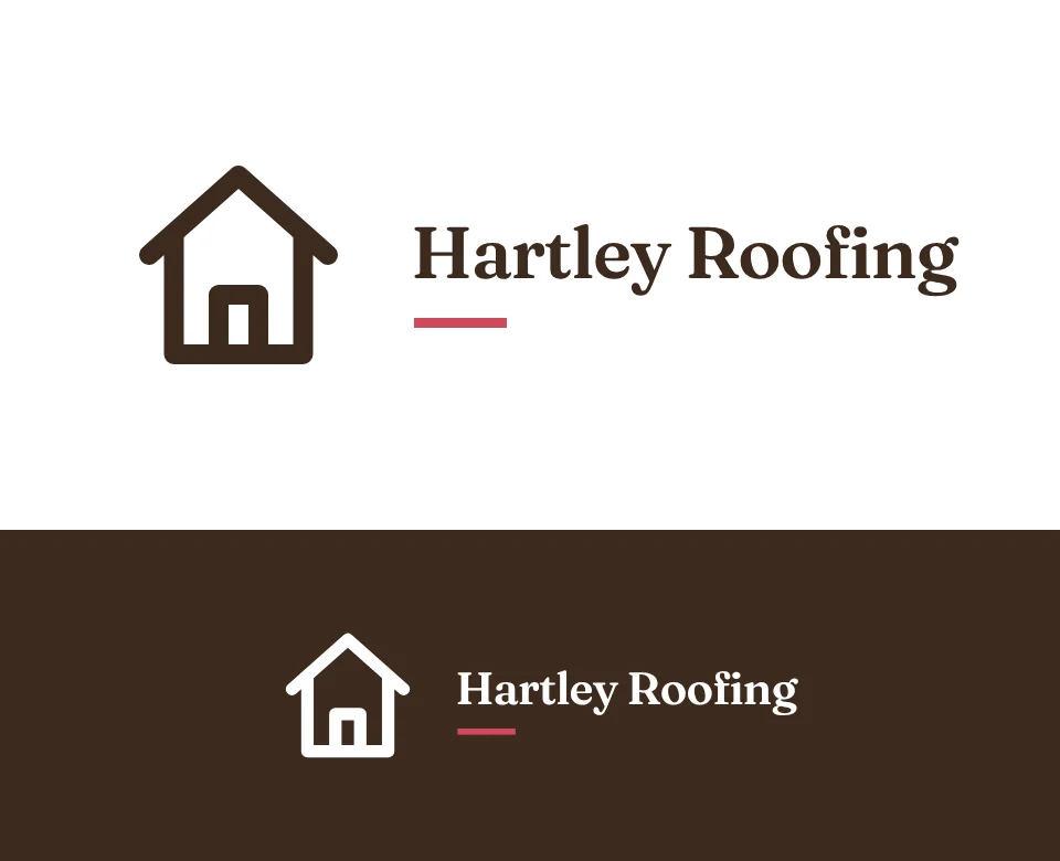 Roofer logo concept for Hartley Roofing: a symbol and name with a house, shown on white and on its own colour