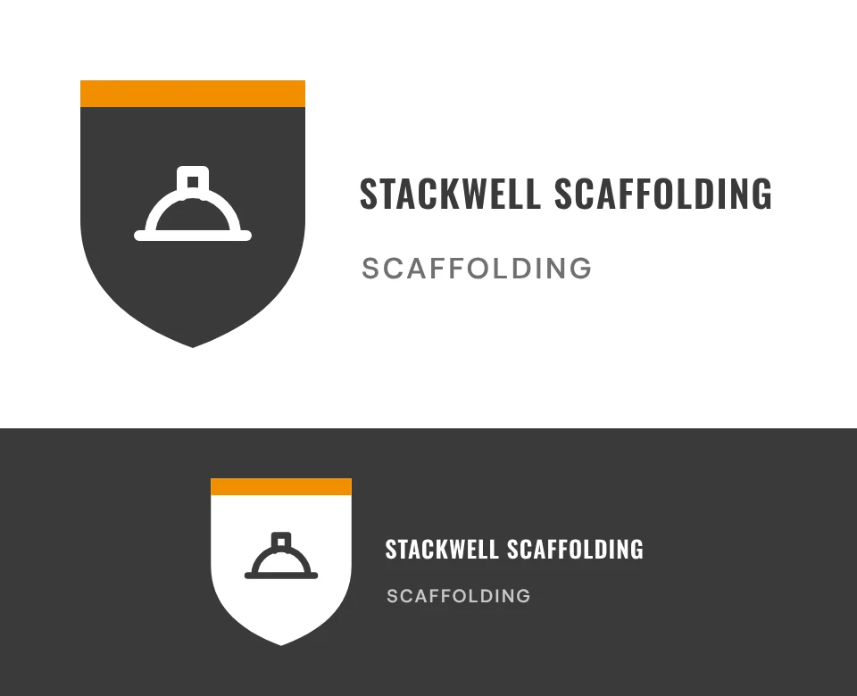 Scaffolding logo concept for Stackwell Scaffolding: a shield emblem with a hard hat, shown on white and on its own colour