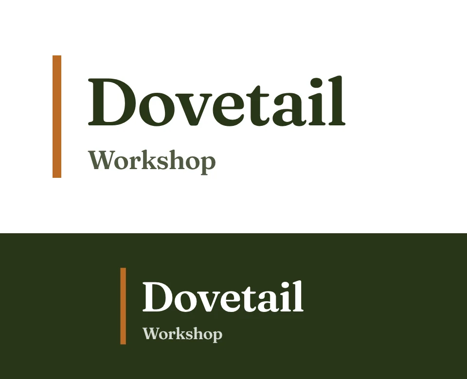 Bespoke joinery logo concept for Dovetail Workshop: a two-line wordmark, shown on white and on its own colour