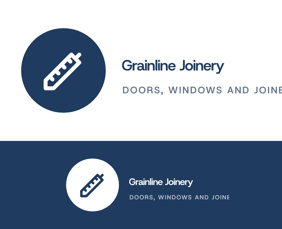 Doors, windows and joinery logo concept for Grainline Joinery: a symbol in a circle beside the name with a hand saw, shown on white and on its own colour