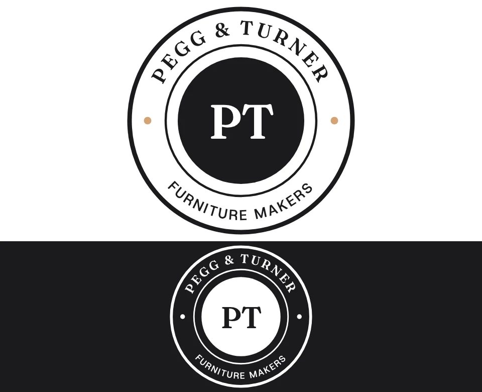 Furniture makers logo concept for Pegg & Turner: a round badge, shown on white and on its own colour