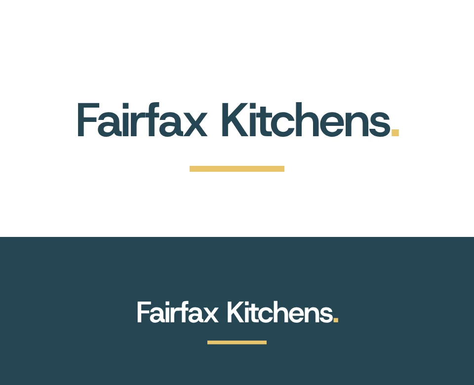 Kitchen fitter logo concept for Fairfax Kitchens: a wordmark, shown on white and on its own colour