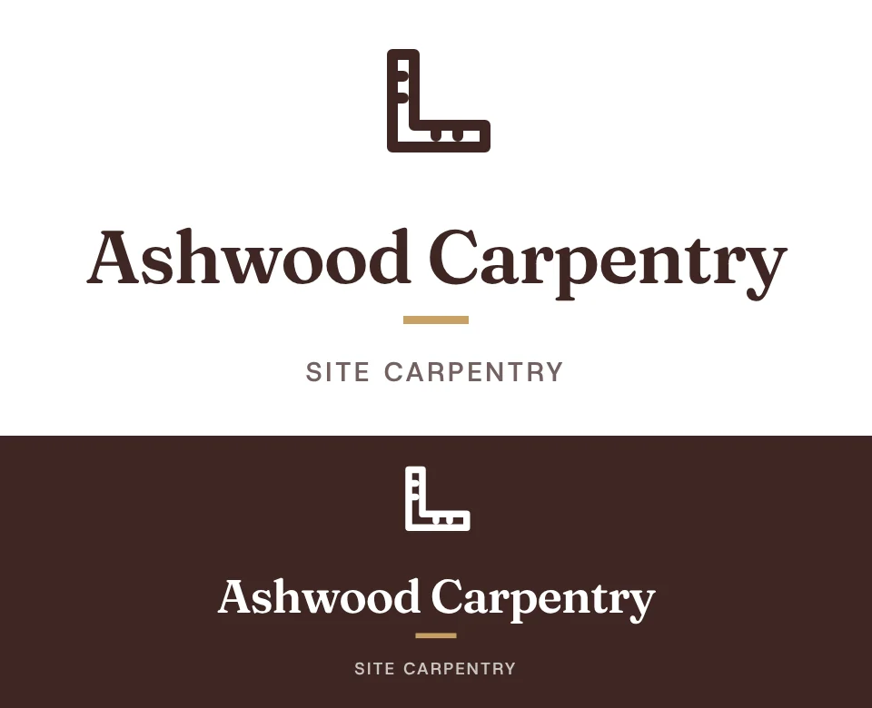 Site carpentry logo concept for Ashwood Carpentry: a stacked symbol and name with a carpenter's square, shown on white and on its own colour