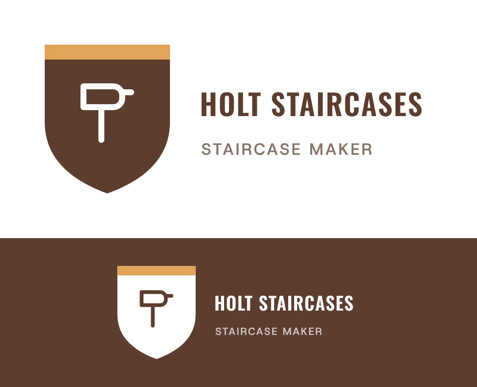 Staircase maker logo concept for Holt Staircases: a shield emblem with a hammer, shown on white and on its own colour