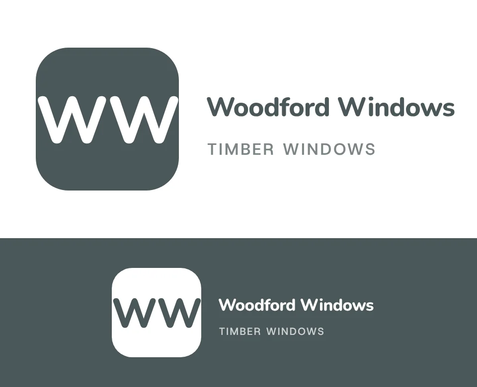 Timber windows logo concept for Woodford Windows: a monogram, shown on white and on its own colour