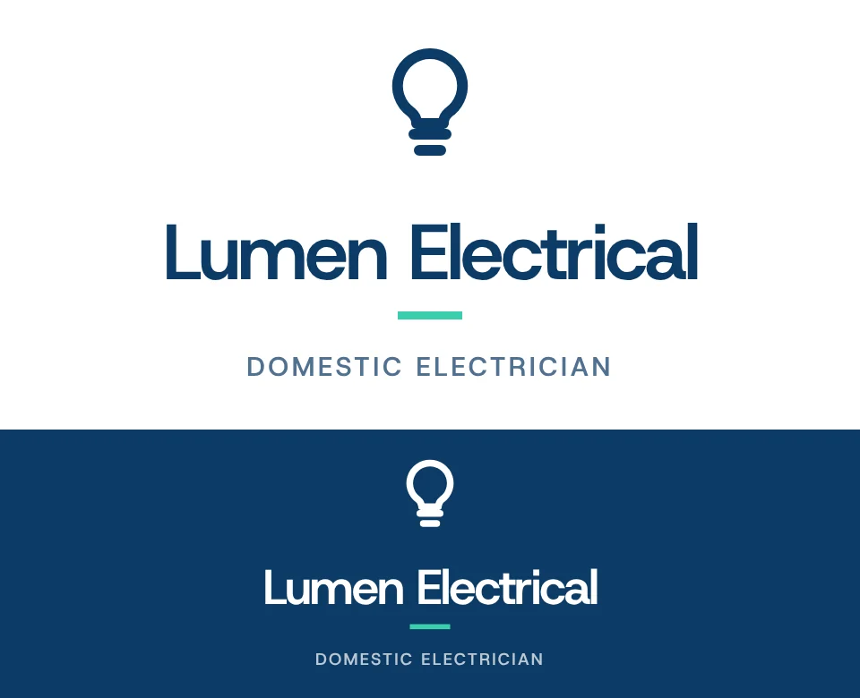 Domestic electrician logo concept for Lumen Electrical: a stacked symbol and name with a light bulb, shown on white and on its own colour
